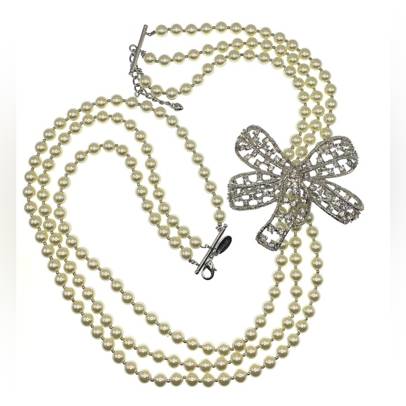 Vintage Signed Scaasi Pearl Necklace Crystal Bow Bold Statement Piece 80s 90s - Picture 1 of 10